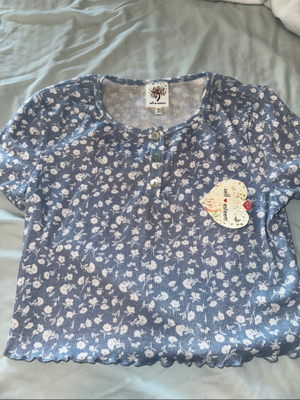Self Esteem Light Blue Floral Ribbed Henley Tee